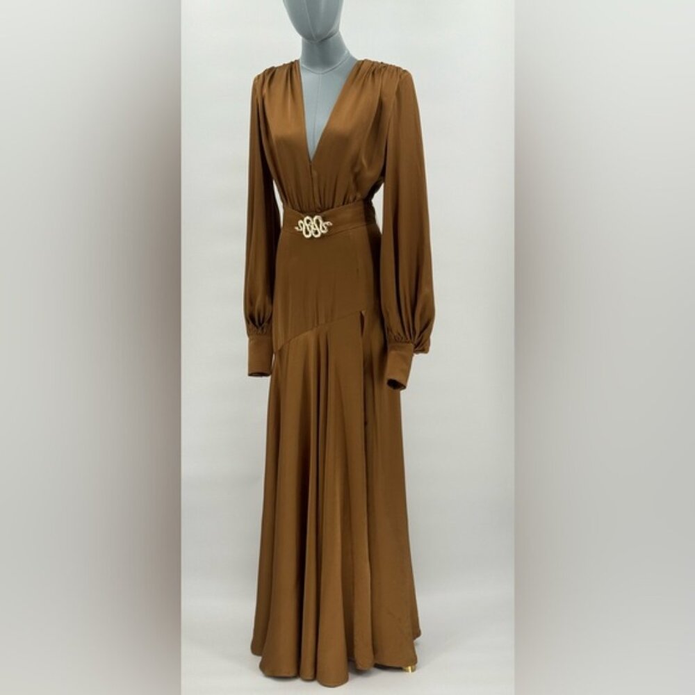 🆕 BRONX & BANCO 🧿 NWOT Carmen Long Sleeve Belted Maxi Gown, Copper, Sz XS US 2 - Picture 3 of 17